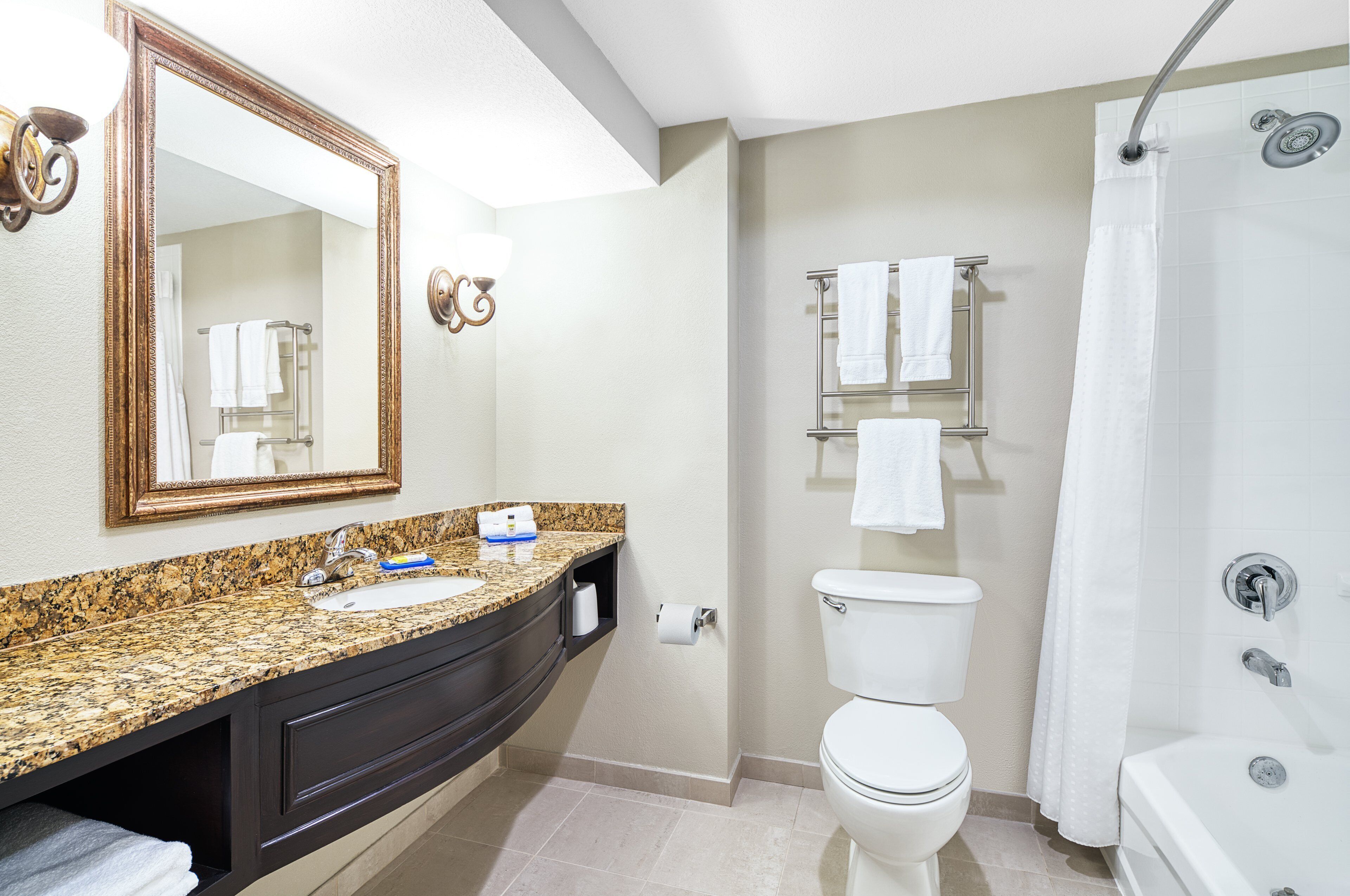 combined shower/bathtub, free toiletries, hair dryer, towels