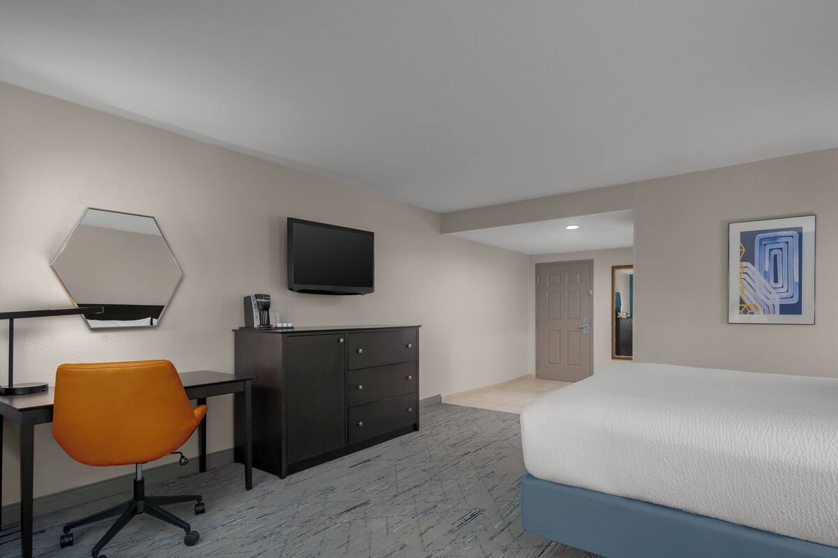 A hotel room with a bed, a desk, an orange office chair, a dresser, a television, and a framed picture on the wall.