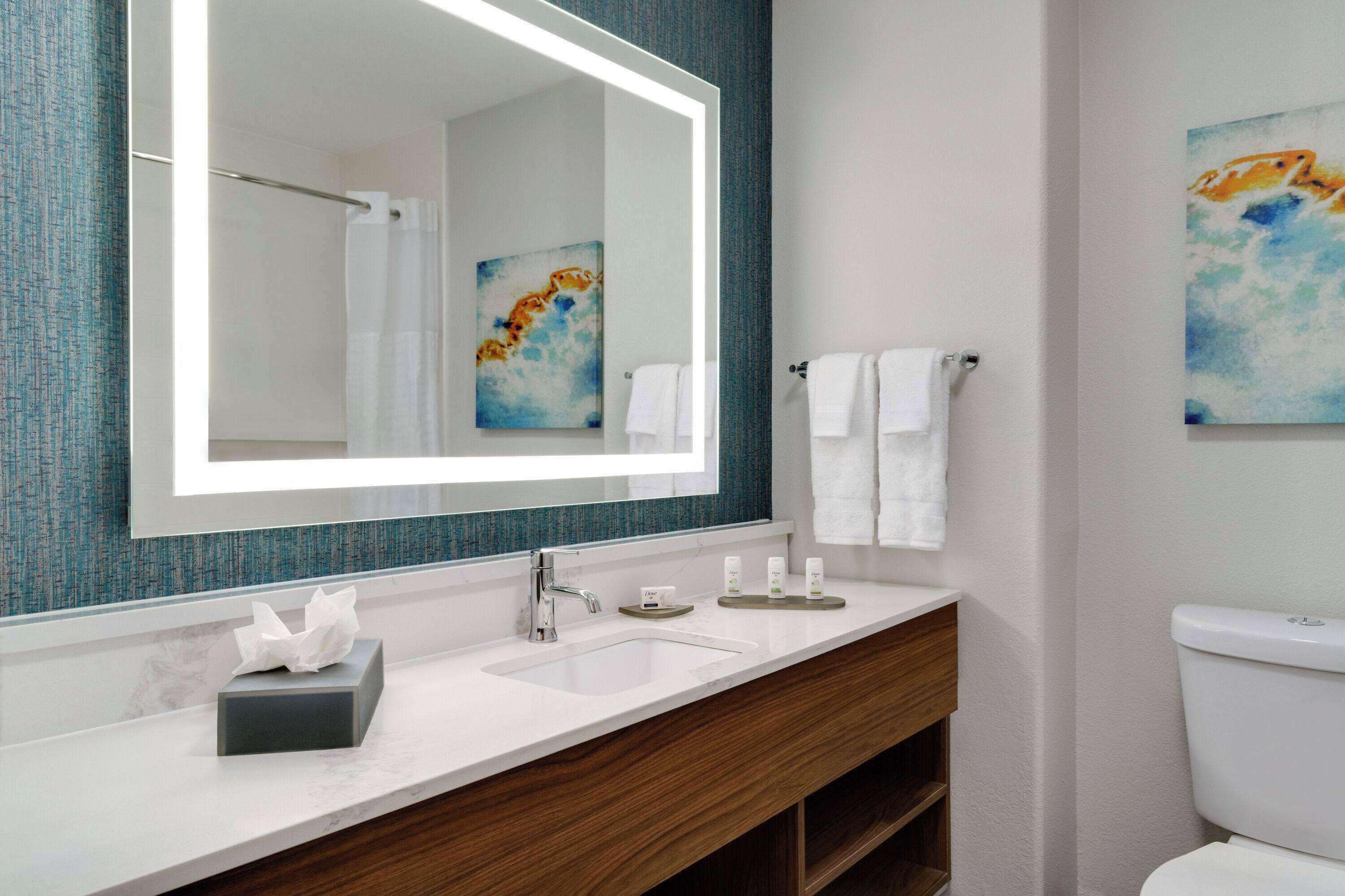 Une salle de bain moderne avec un grand miroir, un lavabo blanc et un meuble-lavabo en bois.