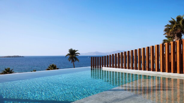 Una piscina azul cristalina con una valla de madera y palmeras, con vistas al mar.
