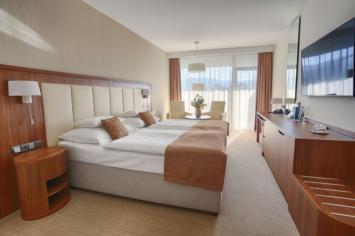 Une chambre d’hôtel avec un grand lit, des tables de chevet, un bureau, une télévision et une vue sur l’extérieur.