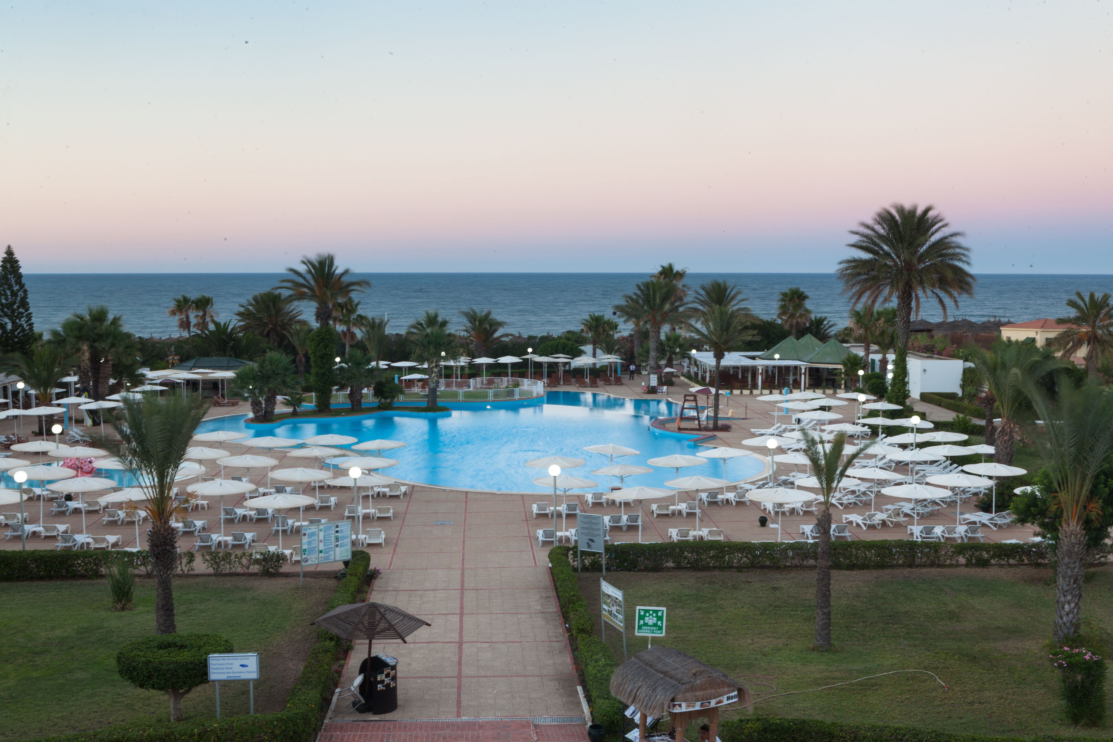 Un espace piscine aménagé dans un complexe hôtelier, avec de nombreux transats et parasols, entouré de palmiers et offrant une vue sur la mer.