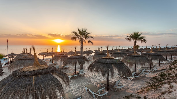 A beach with thatched umbrellas and lounge chairs, a palm tree, and the sunset over the ocean. - El Mouradi Palm Marina (Port El Kantaoui)