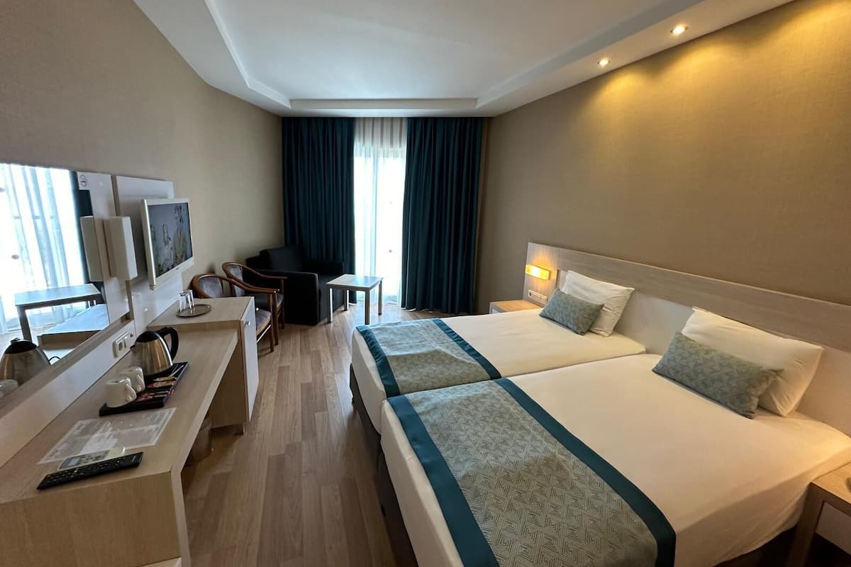 A hotel room with a large bed, a desk with a TV, a coffee maker, and a view of the city through the window.