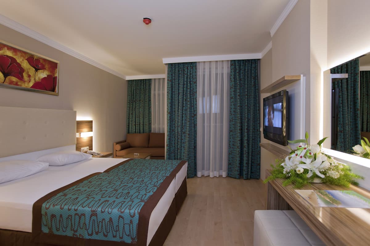 A hotel room with a bed, a sofa, a TV, and a desk with a mirror.
