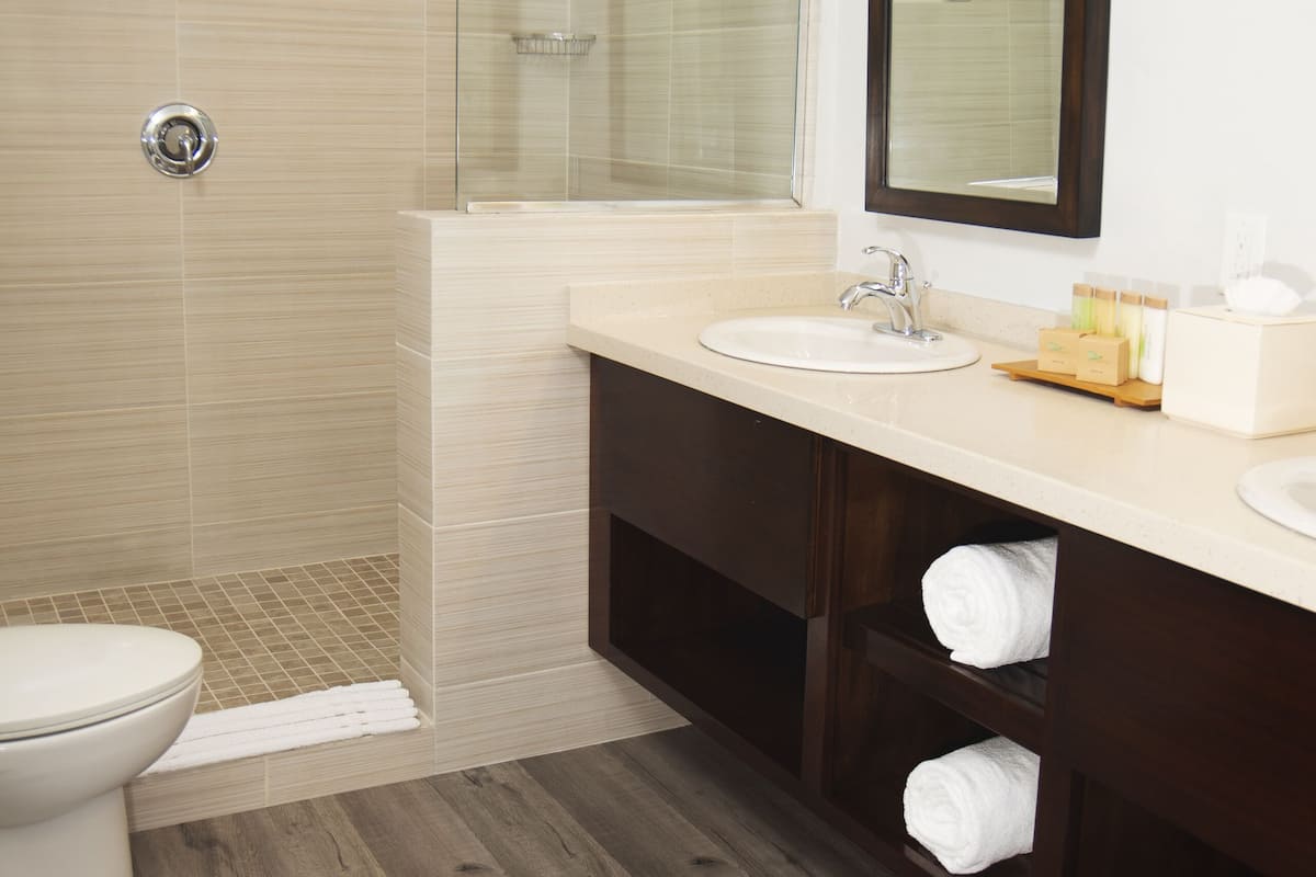 A bathroom with a shower, toilet, sink, and mirror.