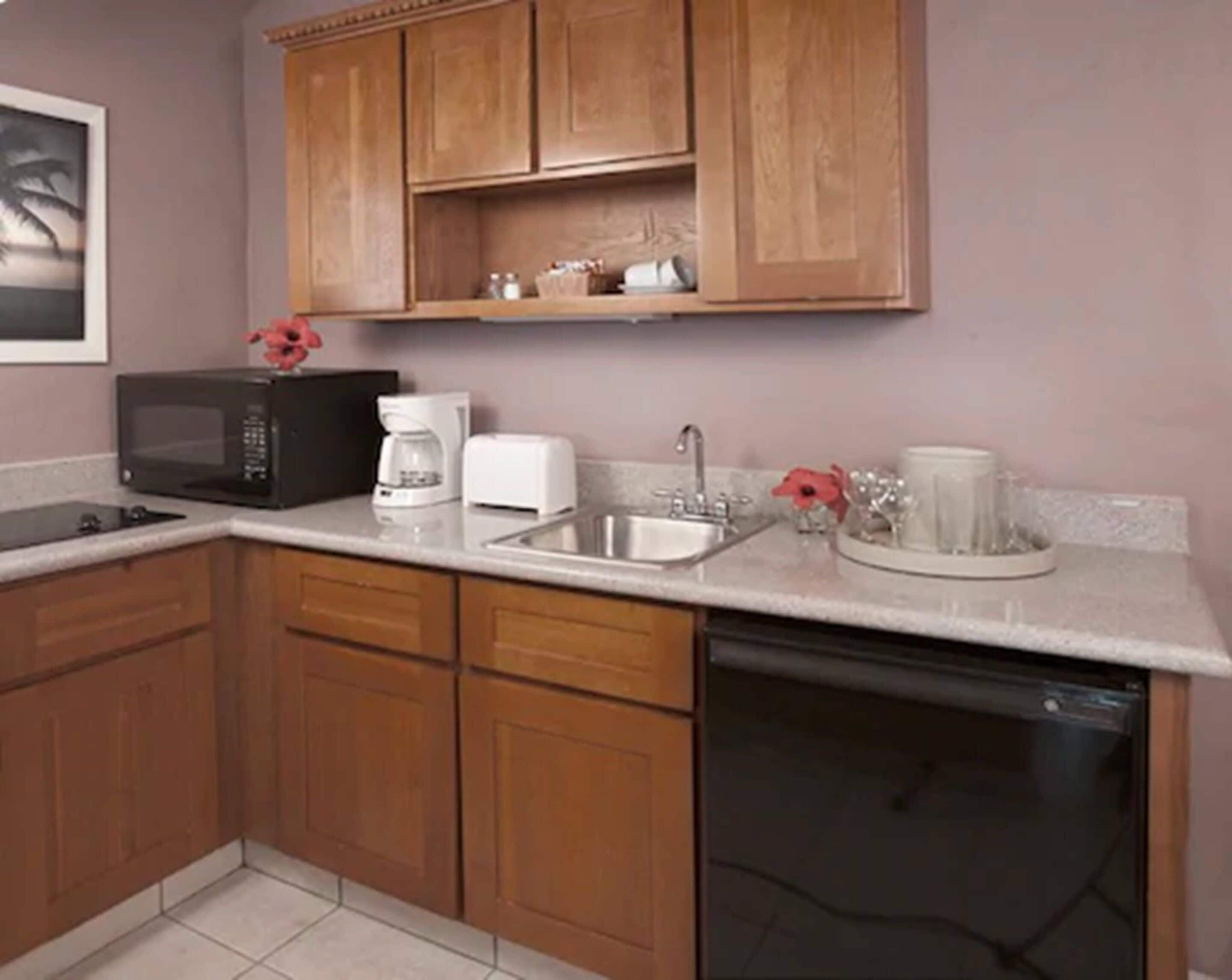 A compact kitchen with wooden cabinets, a microwave, a coffee maker, a toaster, and a dishwasher.