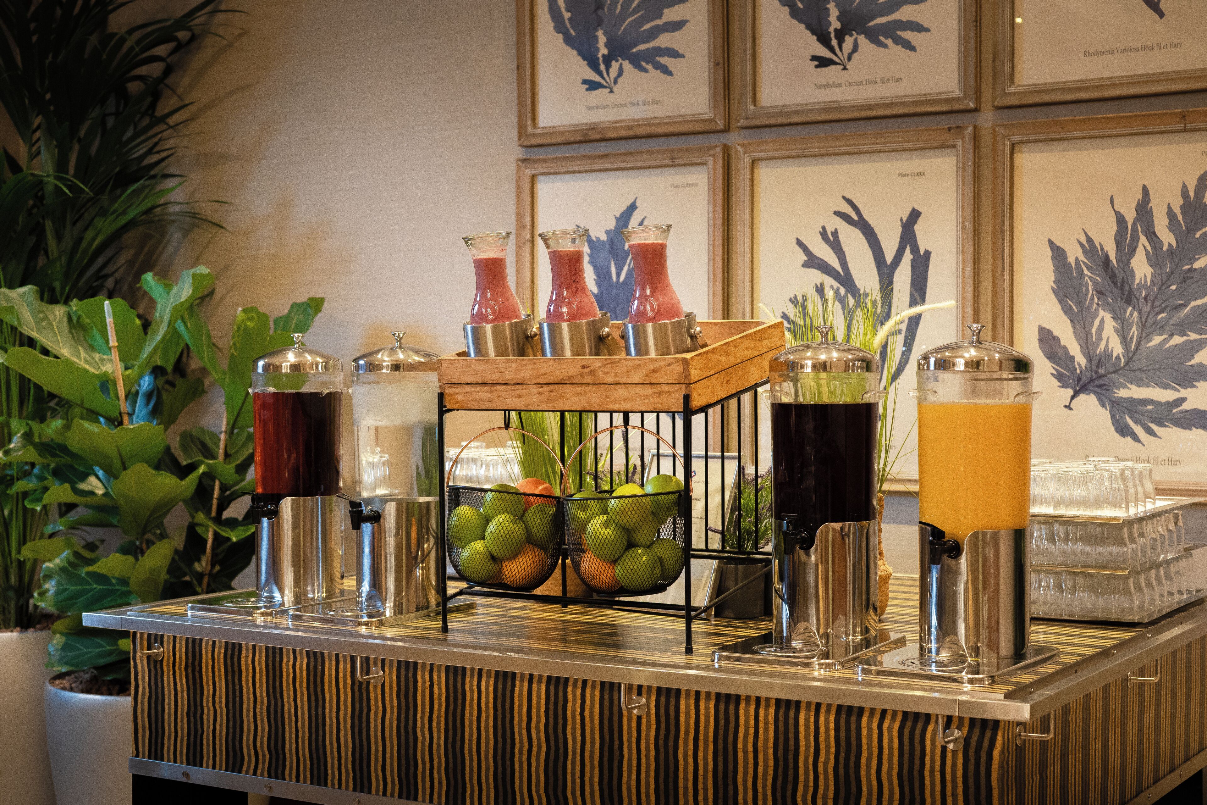 Bar de desayuno buffet con diversas opciones de comida y bebida, como frutas, jugos y salsas.