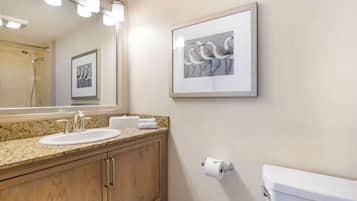 A bathroom with a granite countertop sink, wooden cabinets, a framed artwork of birds, a toilet, and a mirror with lights.