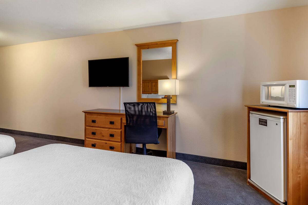 A hotel room with a bed, a desk with a chair, a television, a mirror, a lamp, and a microwave.