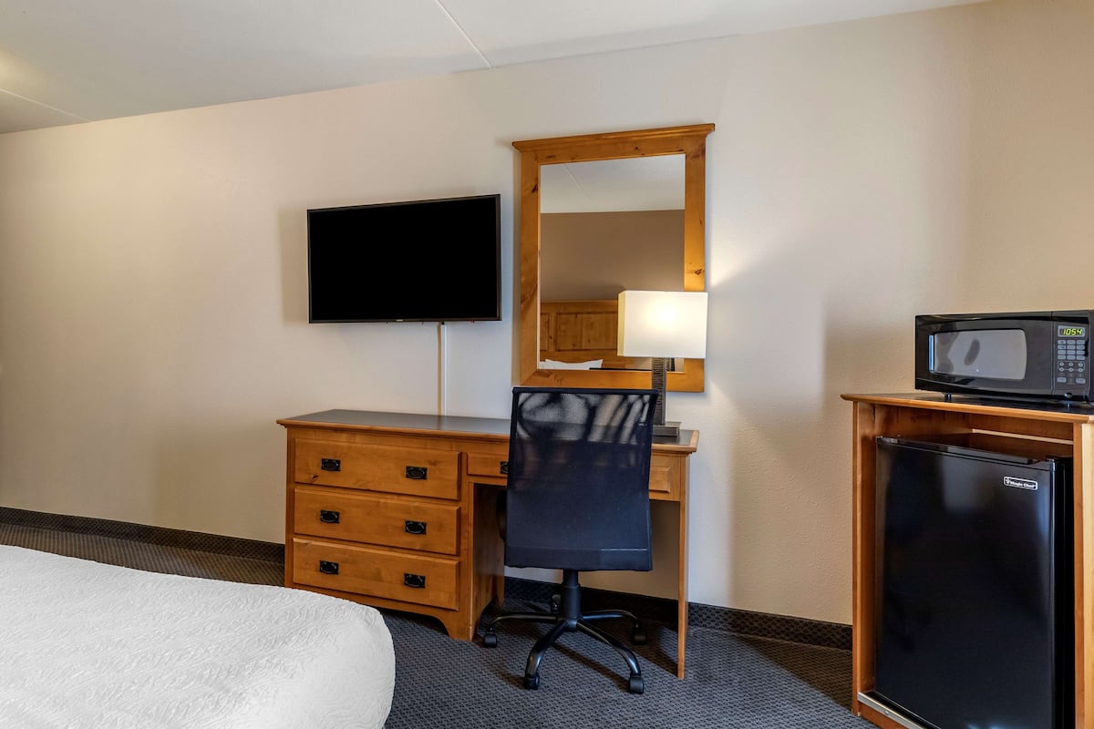 A hotel room with a bed, a wooden desk with a chair, a flat-screen TV, a lamp, a microwave, and a refrigerator.