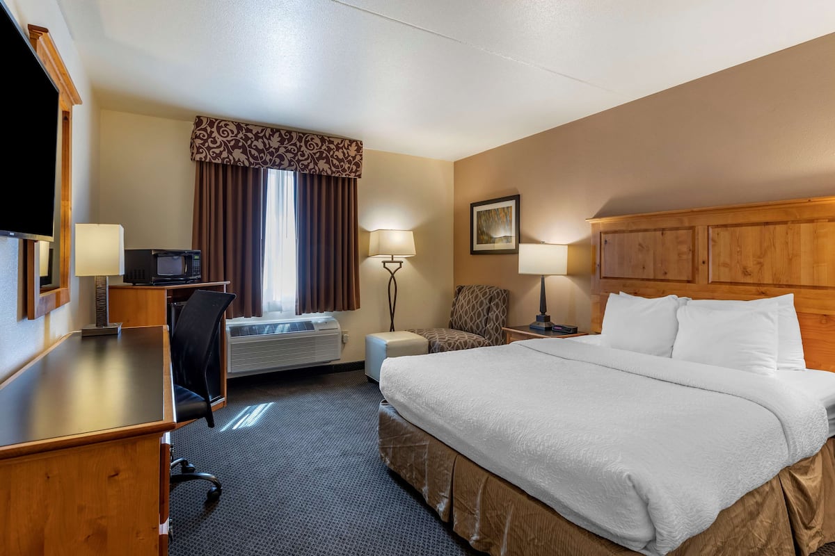 A hotel room with a bed, desk, chair, television, and a window with curtains.