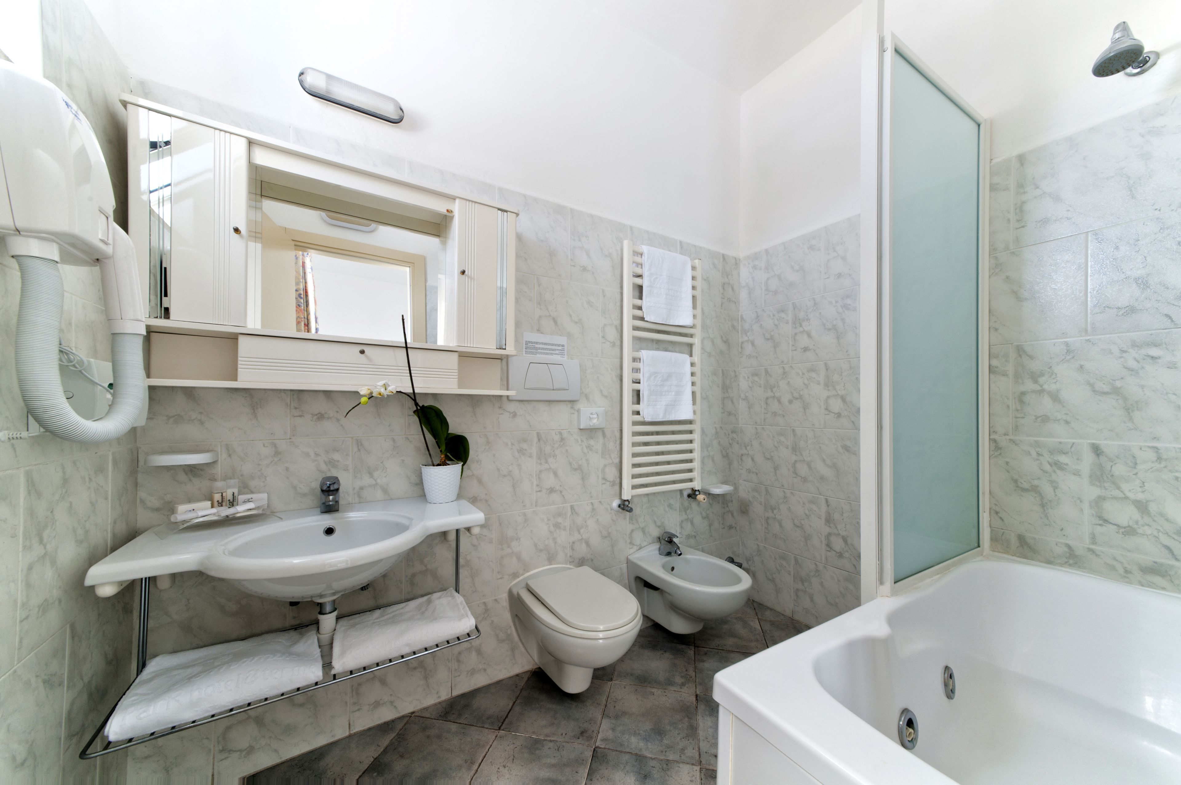 panoramic double room (with access to thermal park) | bathroom | hair dryer, slippers, bidet, towels