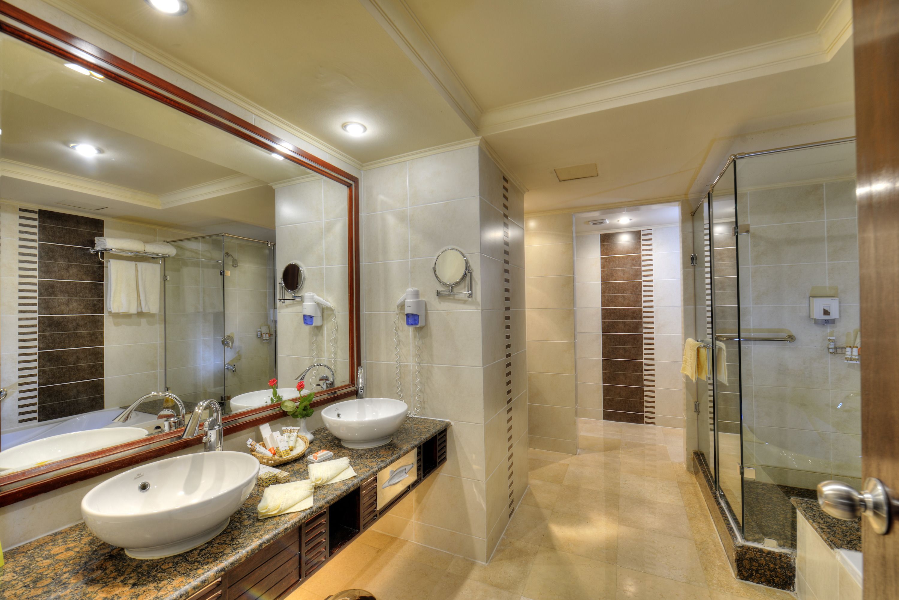 combined shower/bathtub, hair dryer, bathrobes, towels