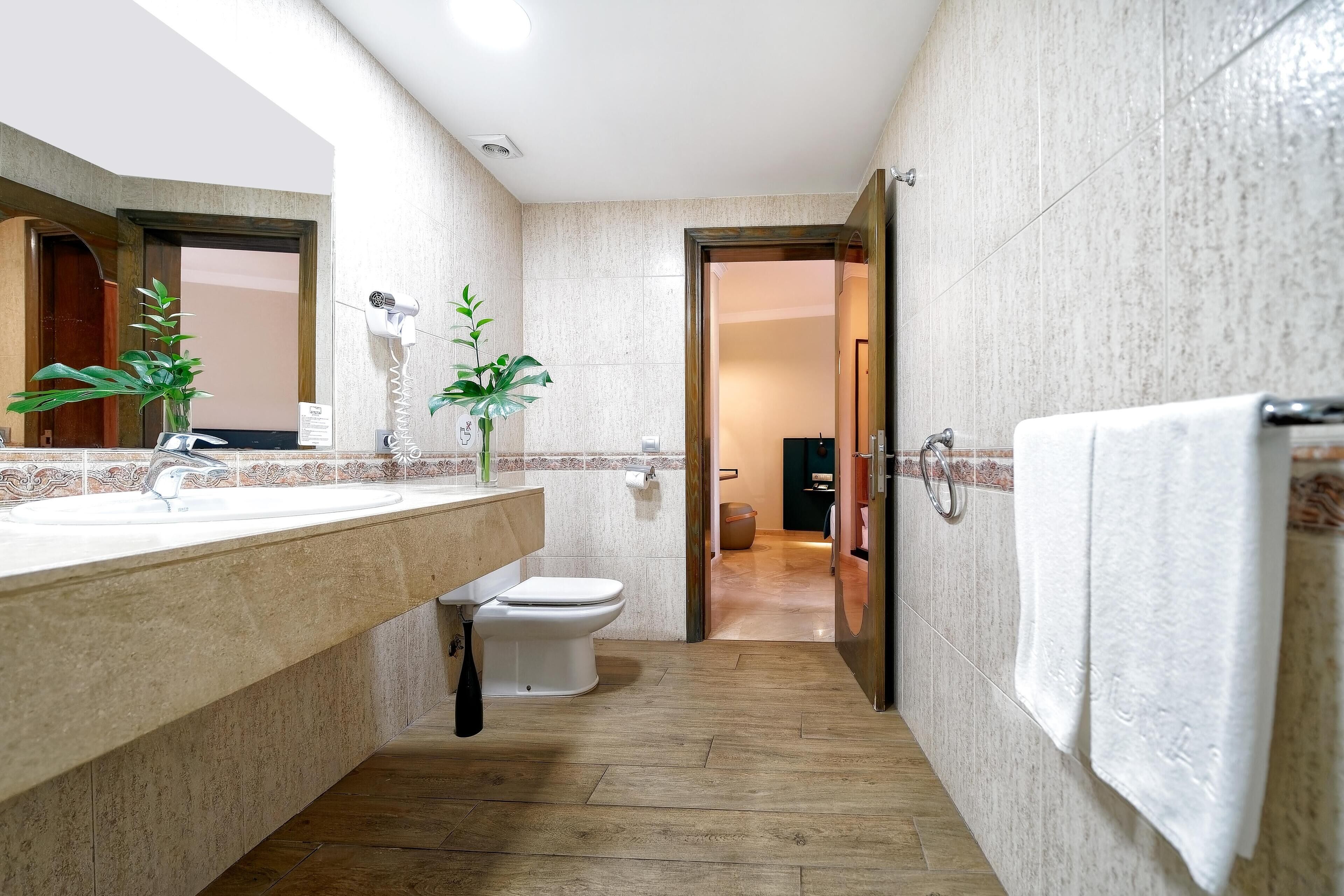 A modern bathroom with a large sink, toilet, and a mirror. There are two potted plants and a towel rack.
