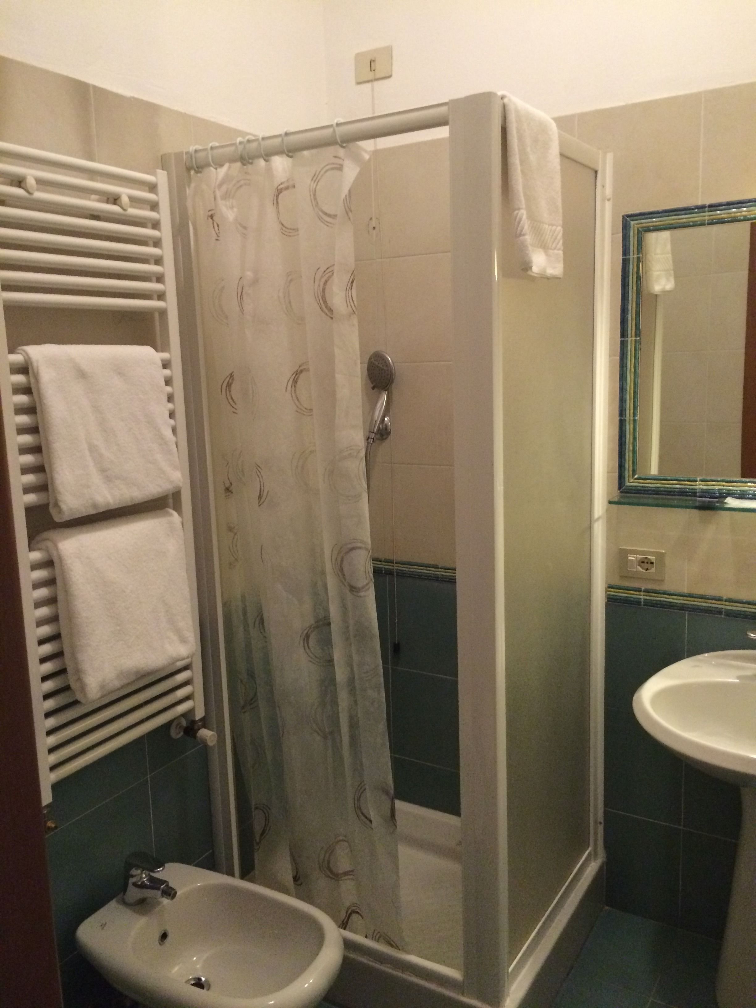 Un bagno con doccia, lavandino e portasciugamani.