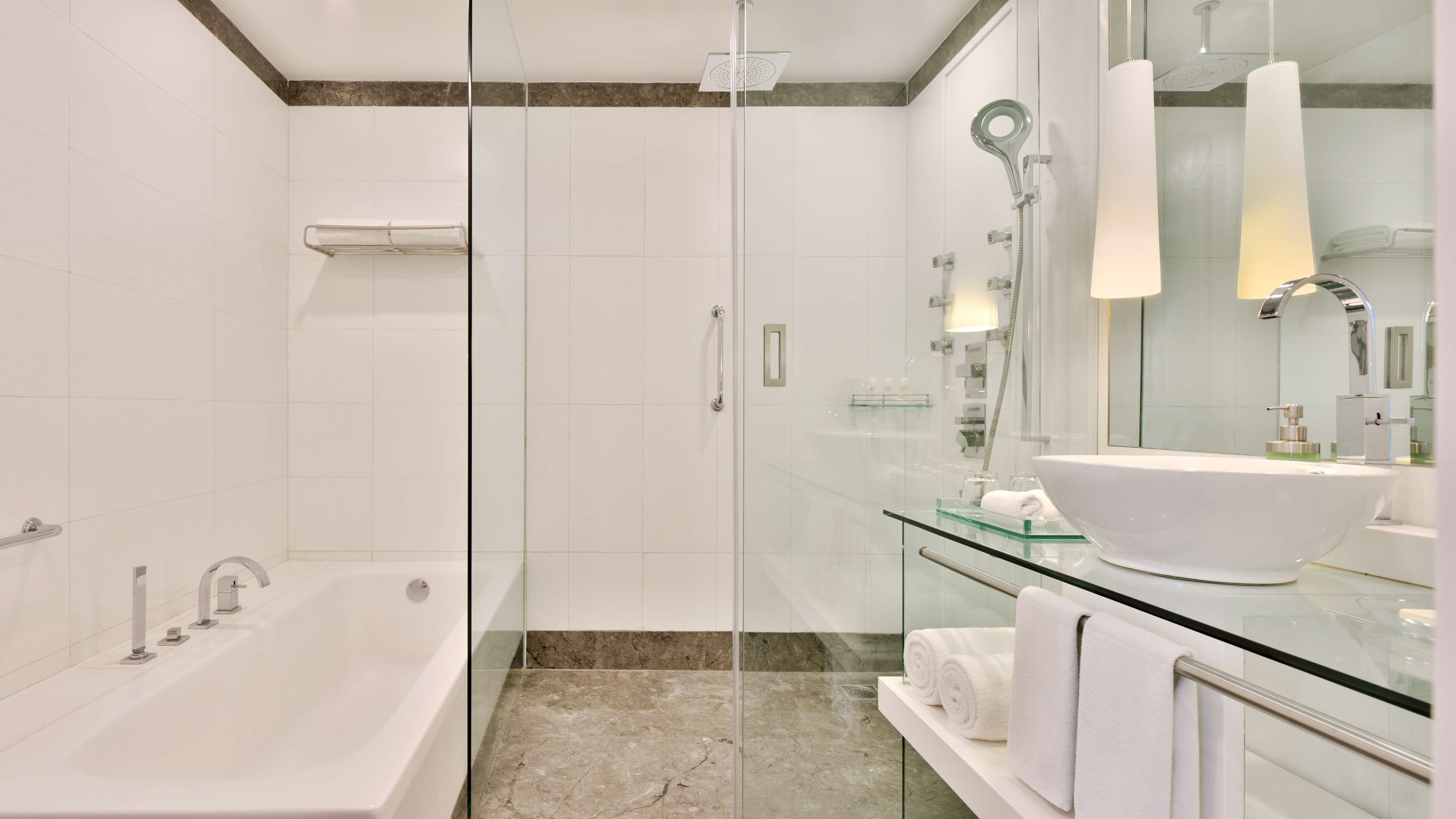 shower, eco-friendly toiletries, hair dryer, bathrobes