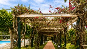 A pathway leading to a pool area, surrounded by lush greenery and a pergola with climbing plants. - Hasdrubal Thalassa Port El Kantaoui (Port El Kantaoui)