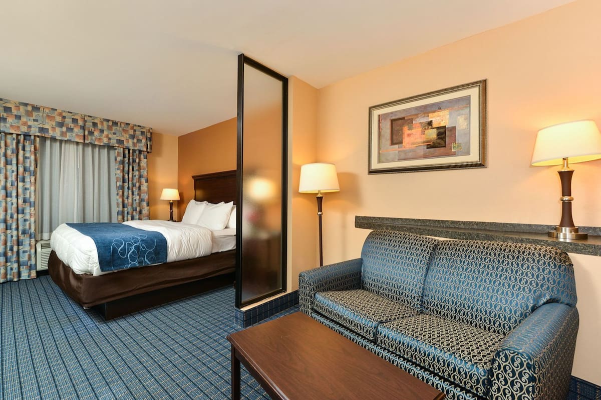 Una habitación de hotel con una cama, un sofá, una mesa de centro, un espejo y dos lámparas.