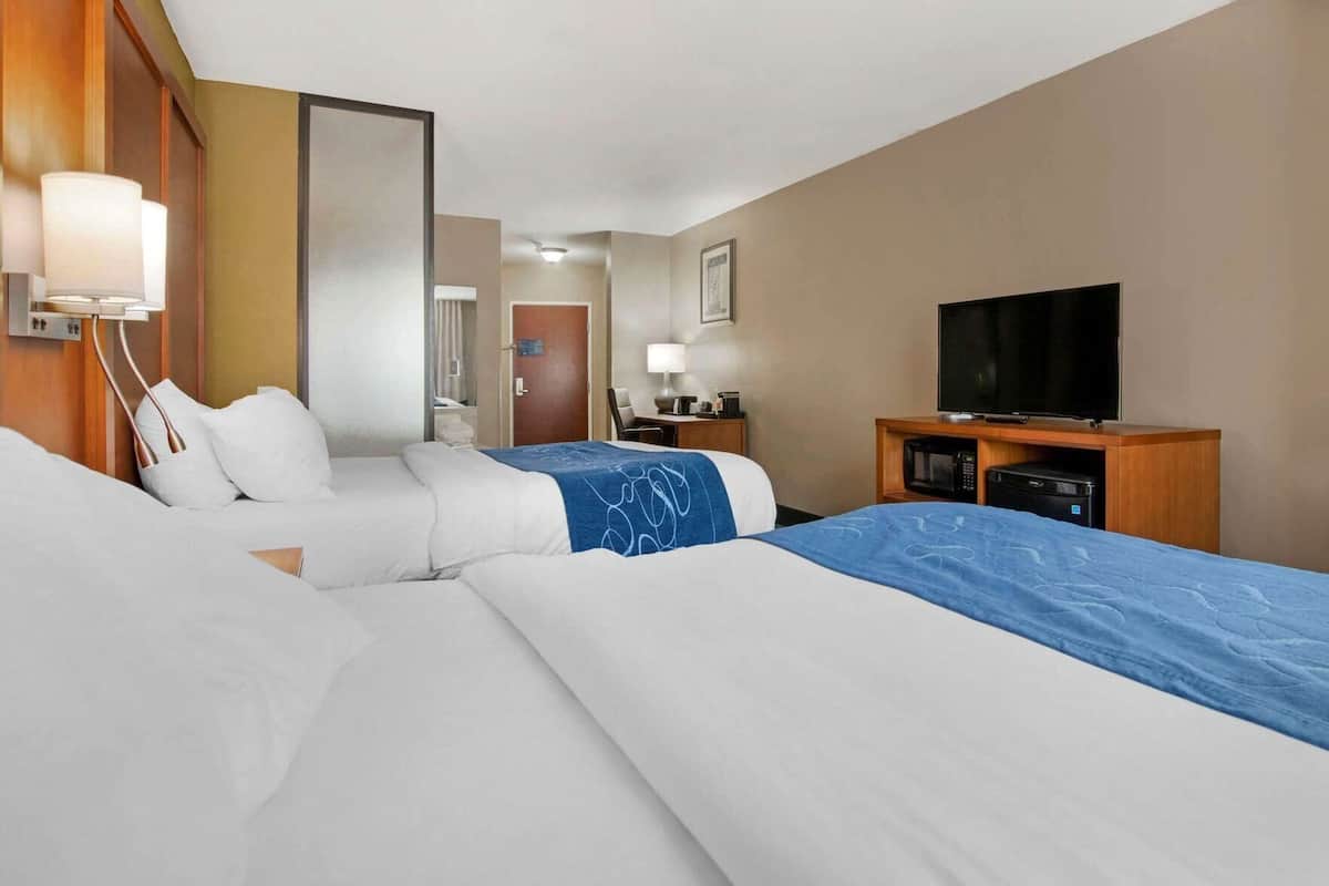 Habitación de hotel con dos camas, televisión, microondas y escritorio con lámpara.