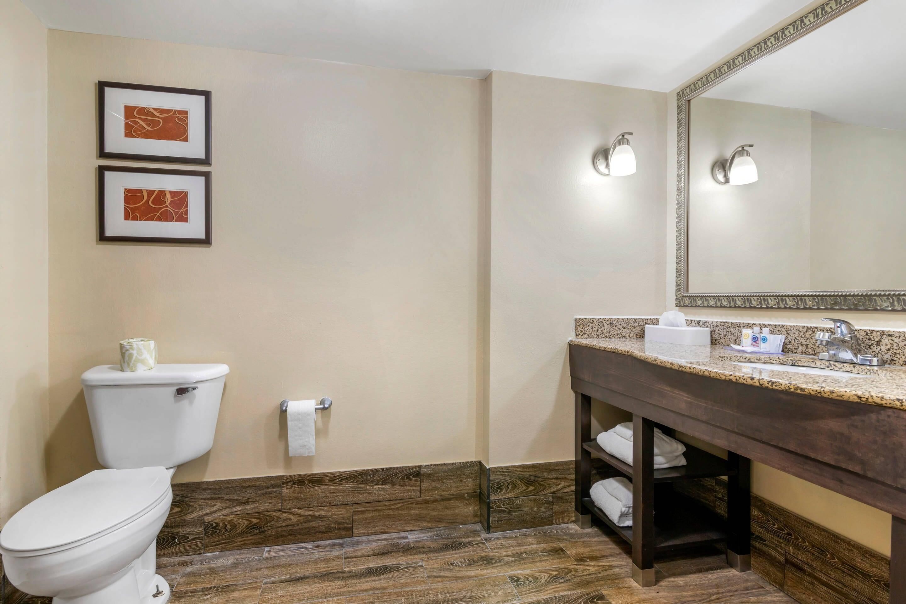 Une salle de bain comprenant des toilettes, un lavabo, un miroir et deux tableaux encadrés accrochés au mur.