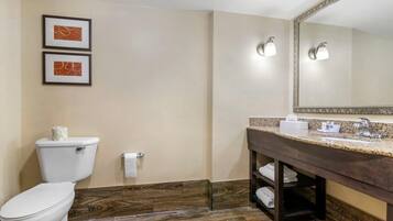 Une salle de bain comprenant des toilettes, un lavabo, un miroir et deux tableaux encadrés accrochés au mur.