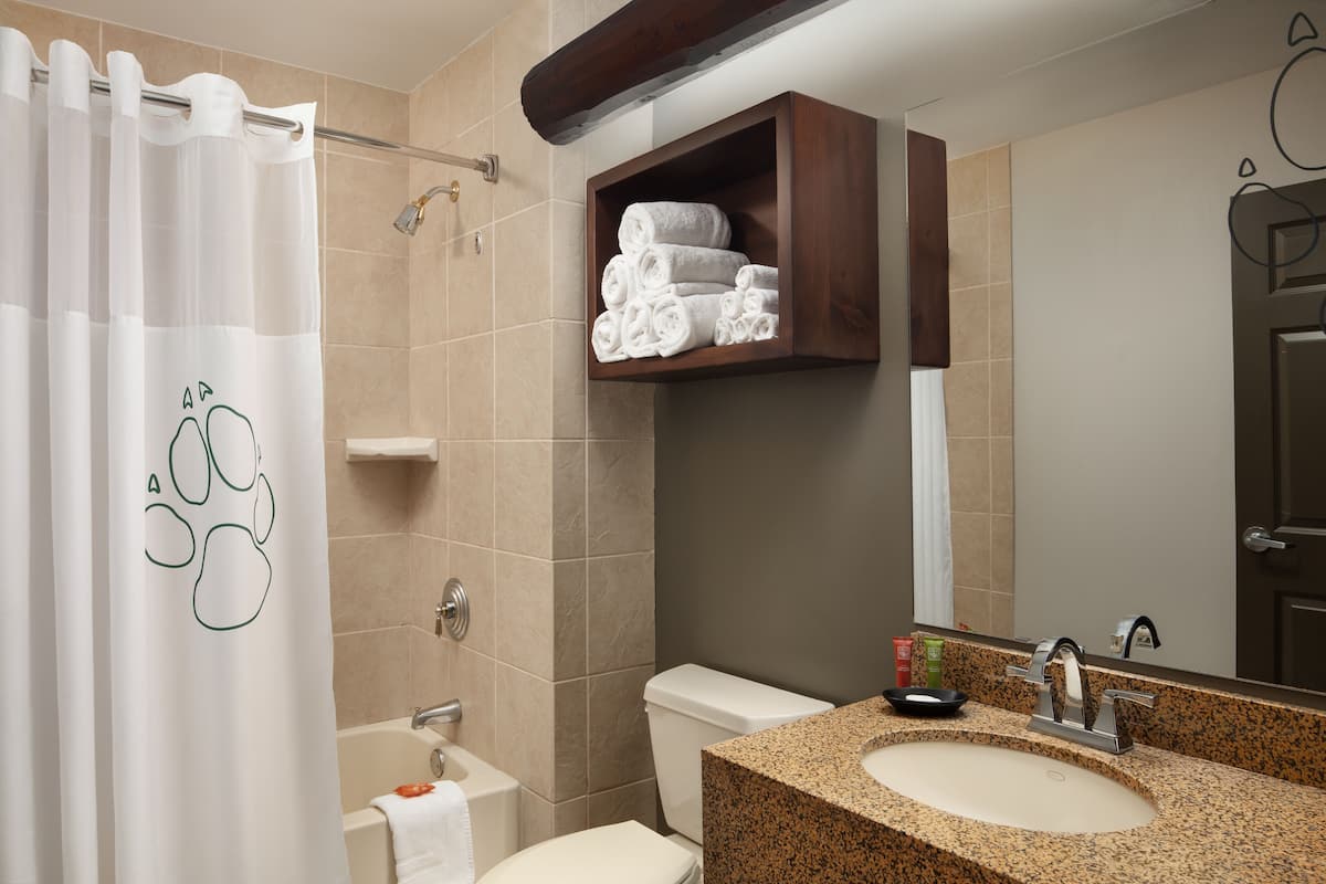 Bañera con ducha, artículos de tocador de diseñador, secador de pelo