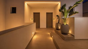 Un couloir moderne avec deux portes, un éclairage encastré et de grandes plantes en pot.