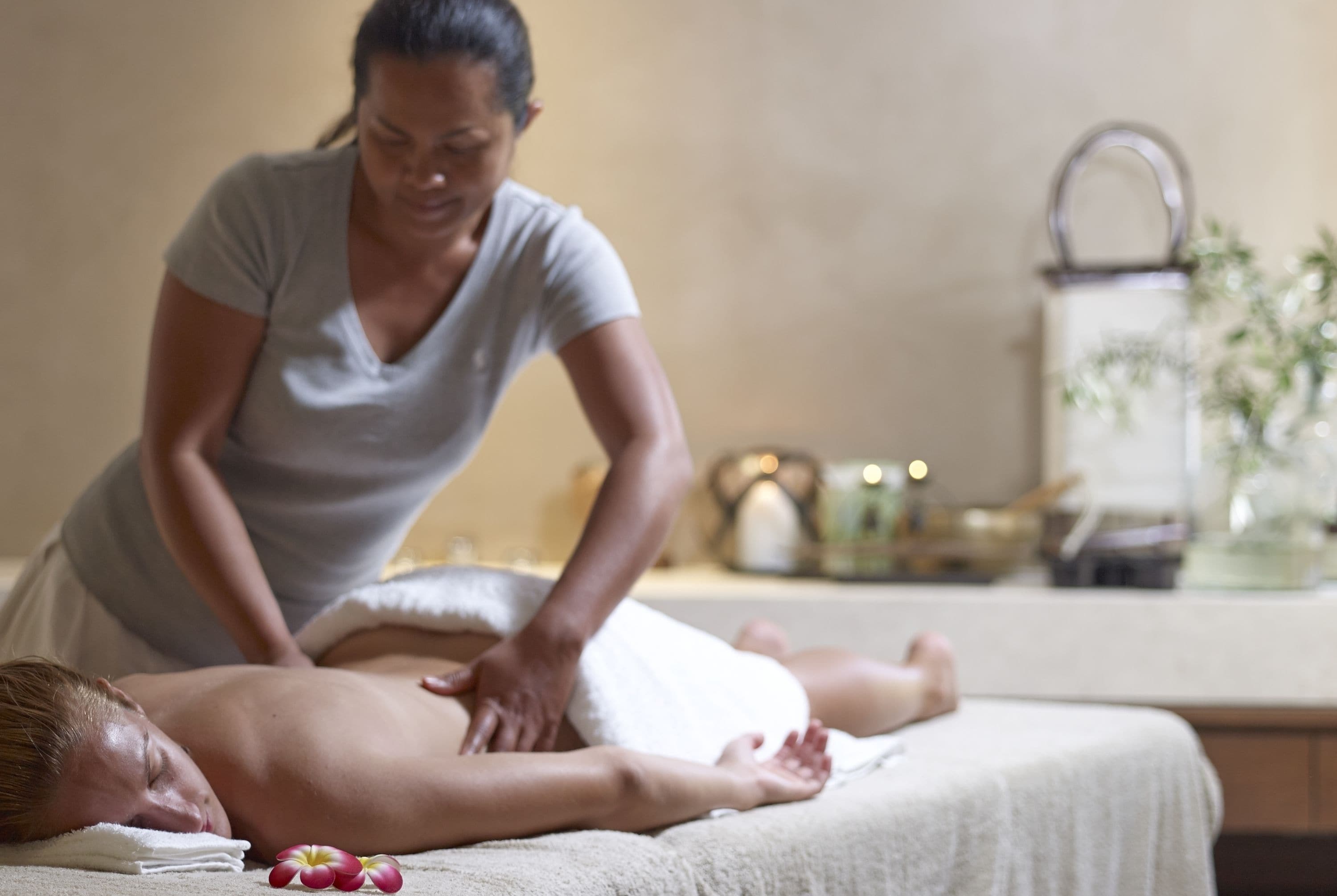 A massage therapy session in a spa setting with a client lying face down on a massage table, a therapist attending to the client, and a small plant in the background.