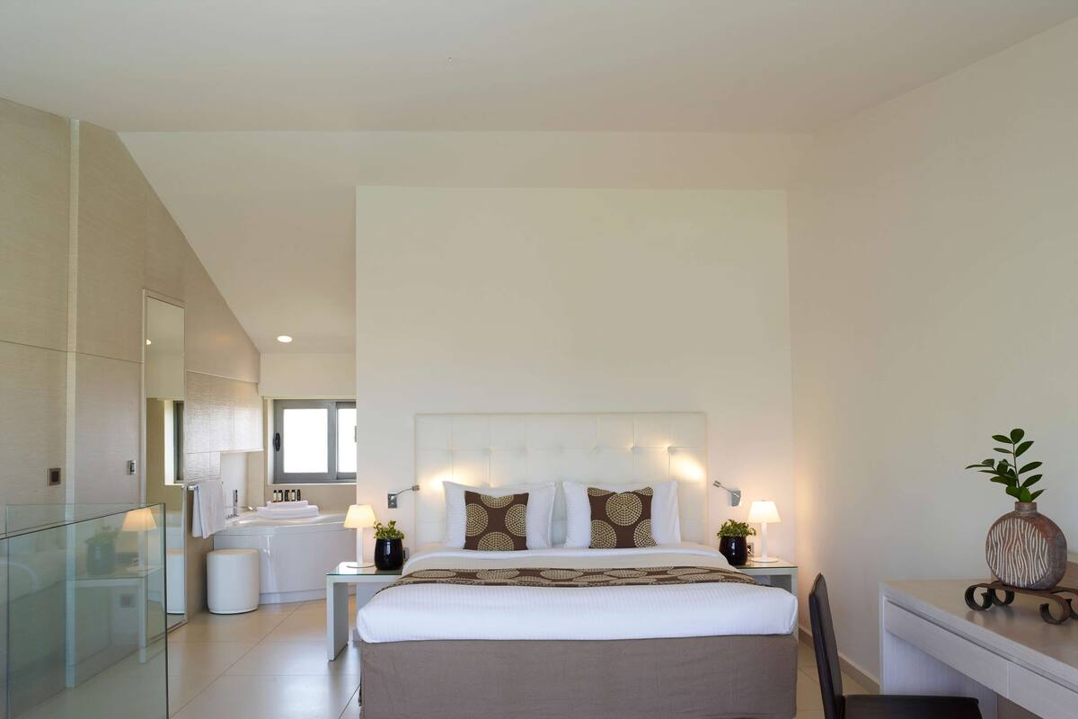 Una habitación de hotel moderna con una cama grande, mesitas de noche con lámparas, un separador de vidrio, un escritorio con una silla y una planta en maceta.