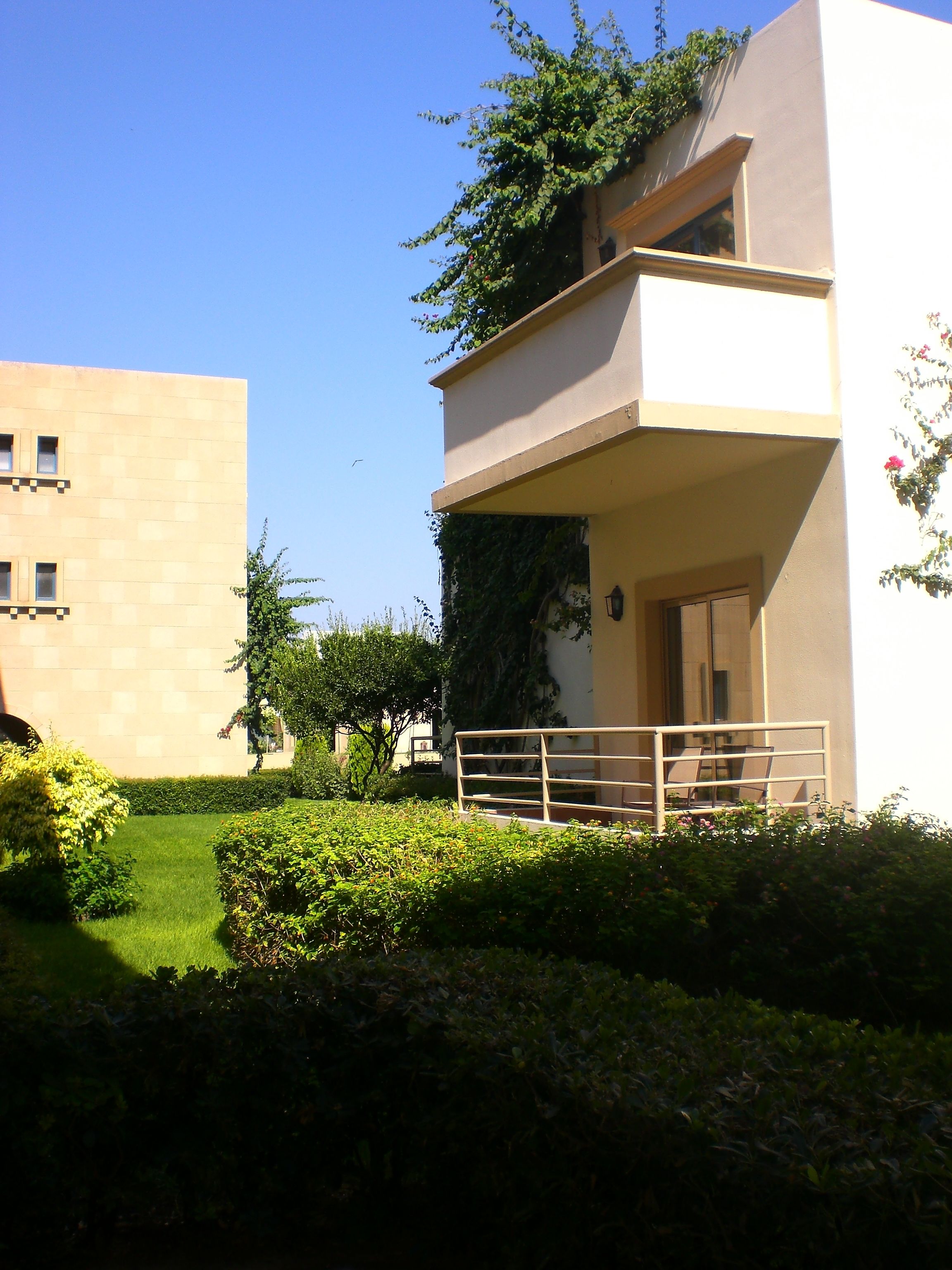 A modern building with a flat roof, a balcony with a railing, and a small garden area with trimmed bushes and a lawn.