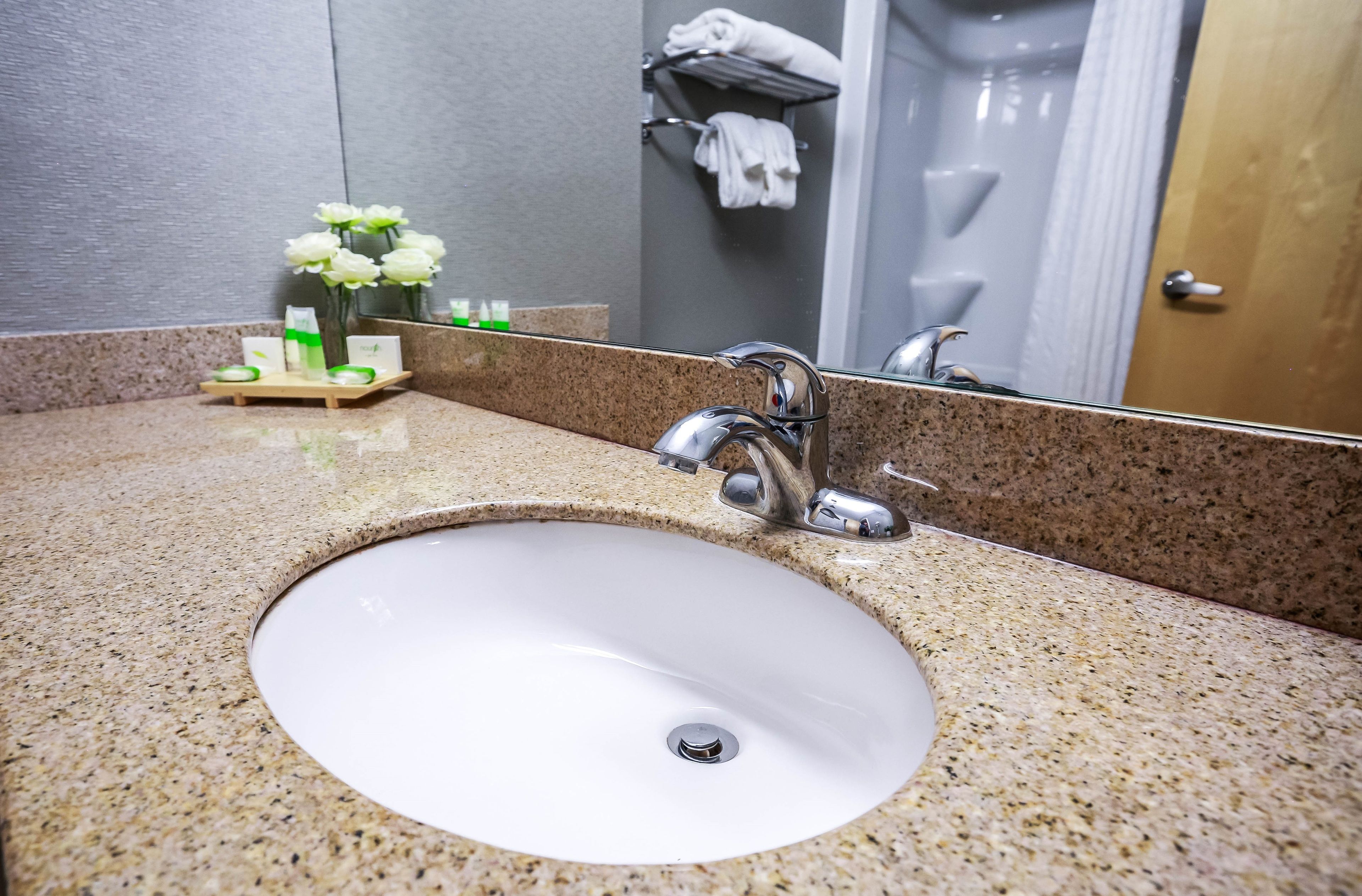 combined shower/bathtub, free toiletries, hair dryer, towels