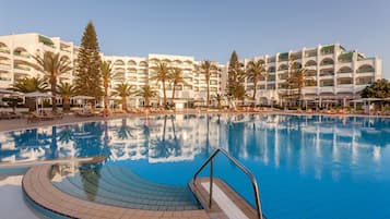 Indoor pool, outdoor pool, pool umbrellas, sun loungers