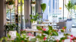 An outdoor seating area with tables and chairs, surrounded by potted plants and flowers.