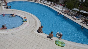 Seasonal outdoor pool, open 10:00 AM to 7:00 PM, sun loungers
