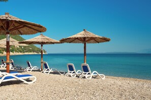 On the beach, sun loungers, beach umbrellas
