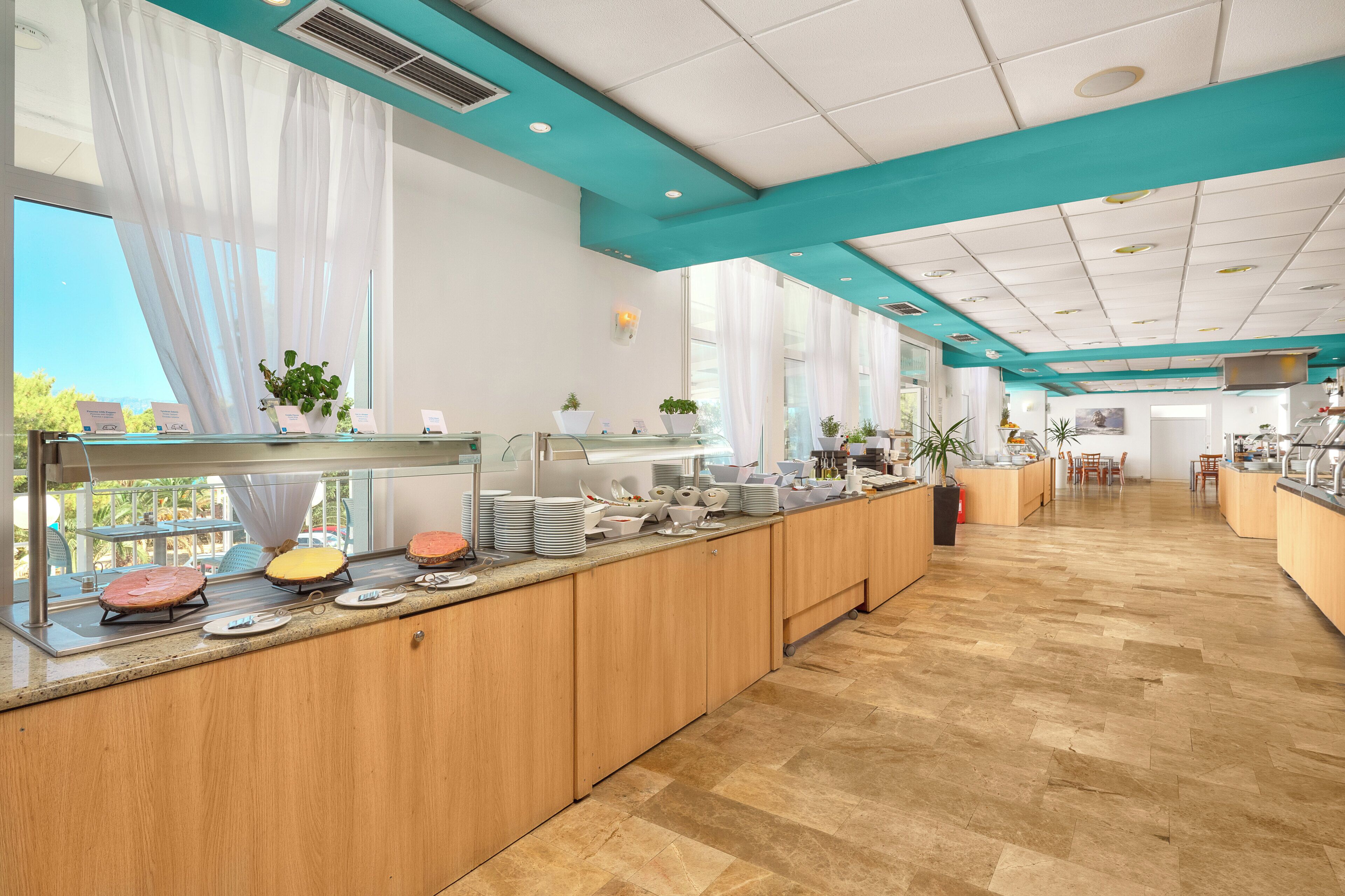 A modern kitchen with wooden cabinets, a long counter, and potted plants.