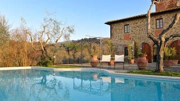 Seasonal outdoor pool, pool umbrellas, pool loungers