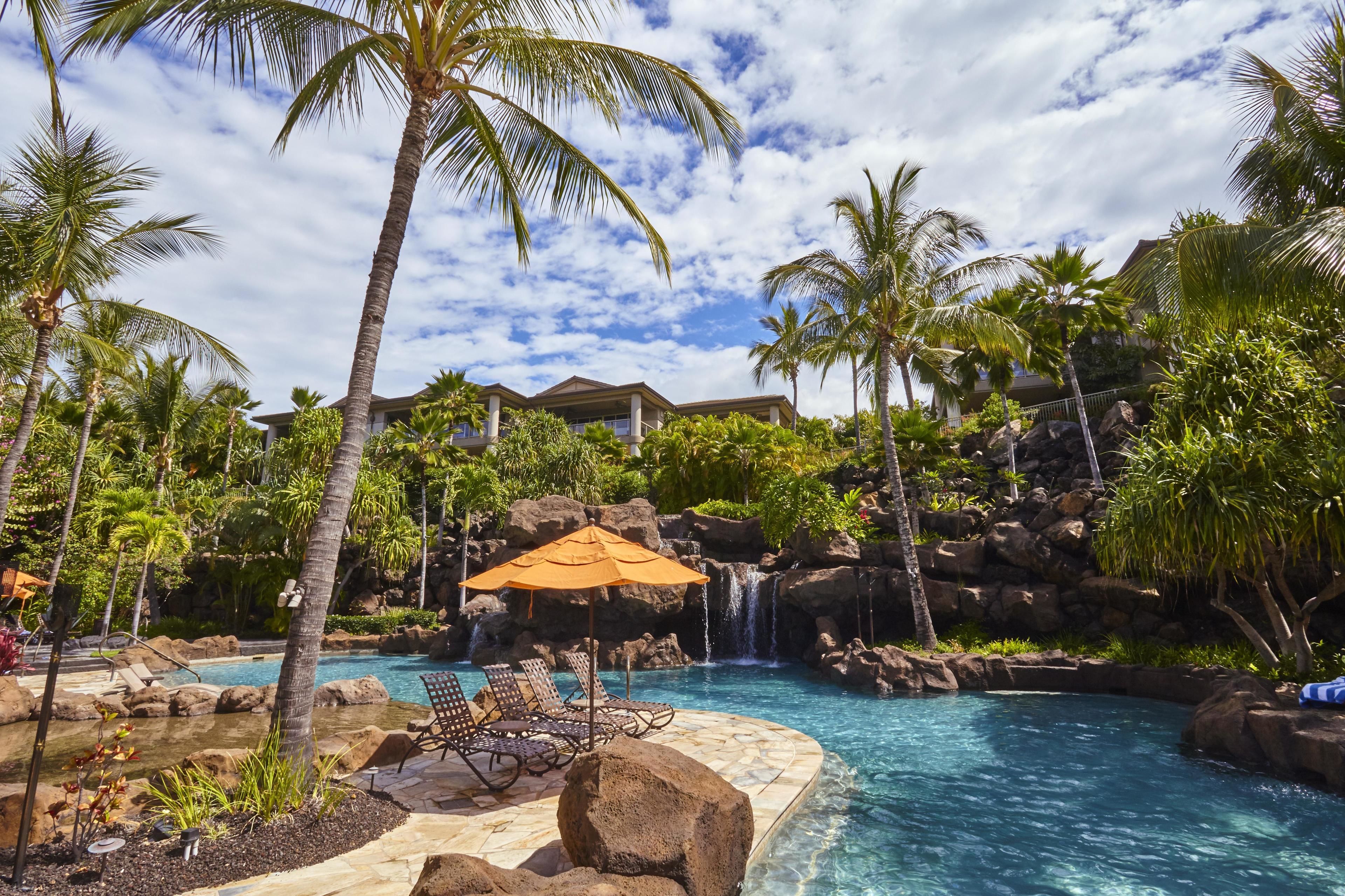 A pool area with lounge chairs, a waterfall, and palm trees.