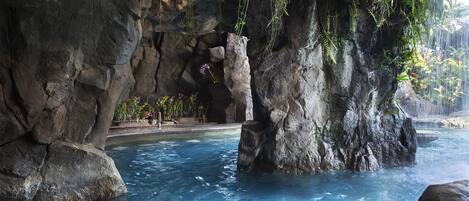 A natural rock pool with clear water, surrounded by large rocks and ferns.