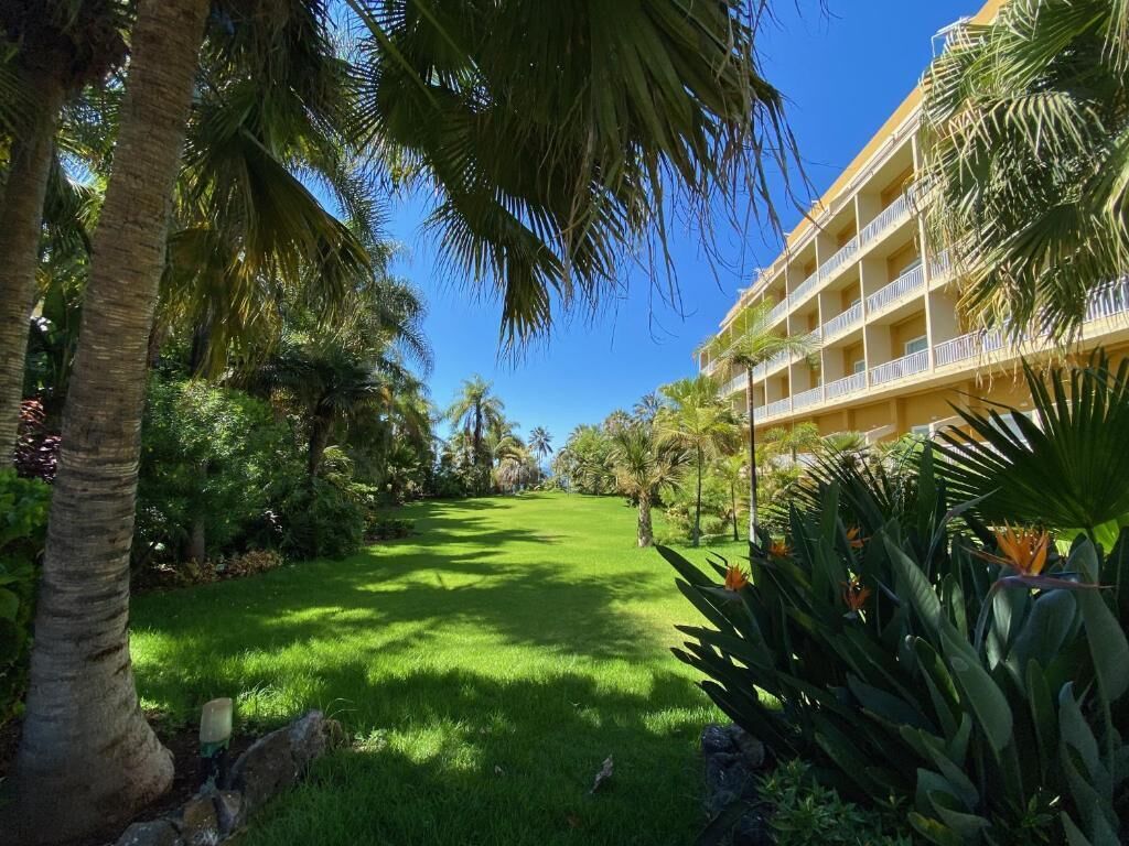 Een hotel met een weelderige tuin, palmbomen en een helderblauwe lucht.