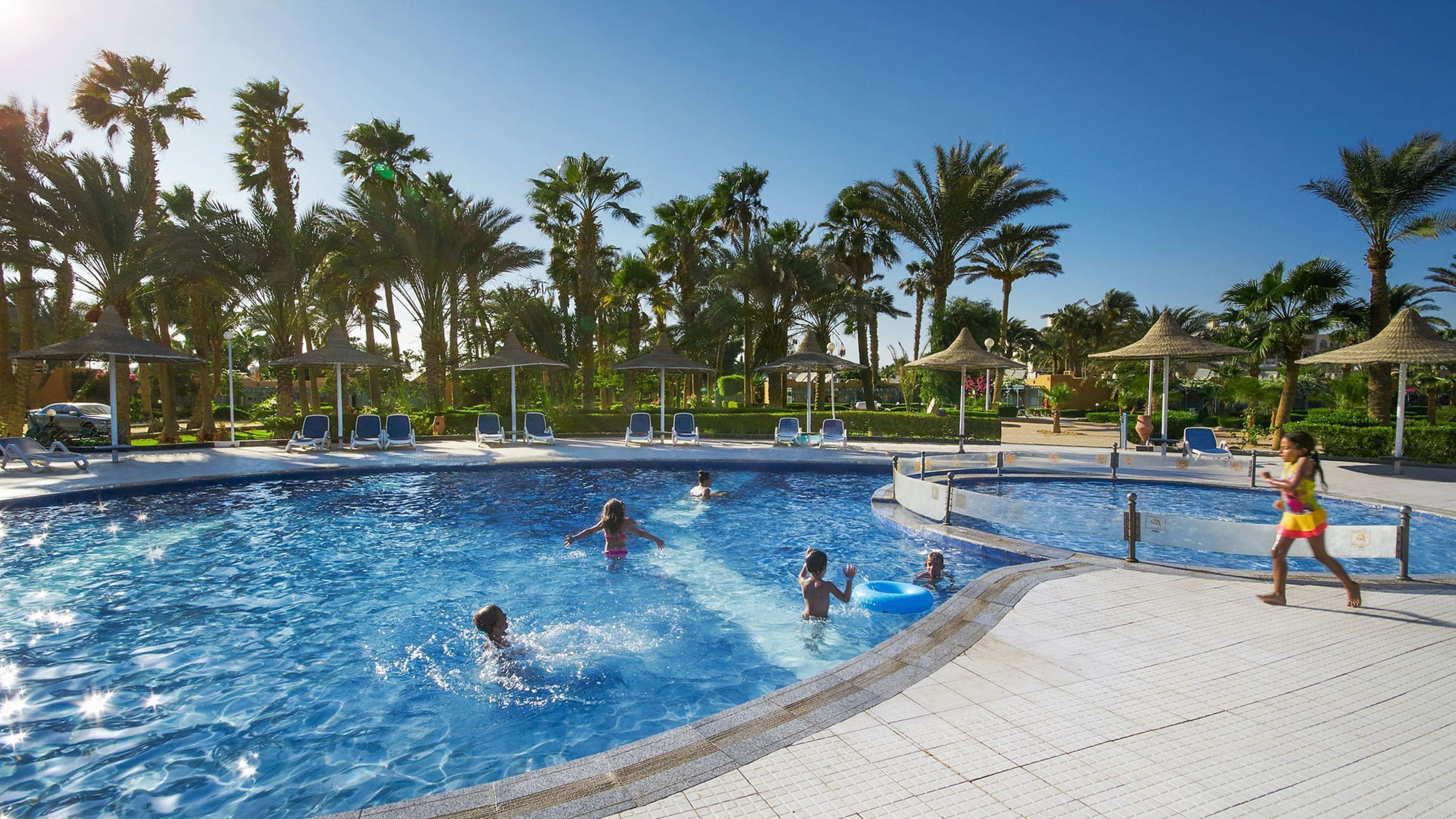 A swimming pool with multiple lanes, lounge chairs, and palm trees in the background.
