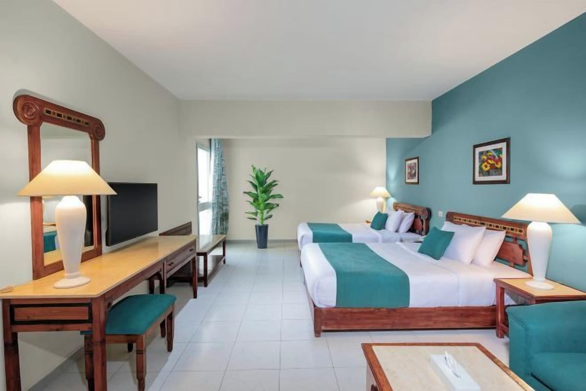 Habitación de hotel con cama, dos mesitas de noche, un escritorio con silla, televisión y una planta en maceta.