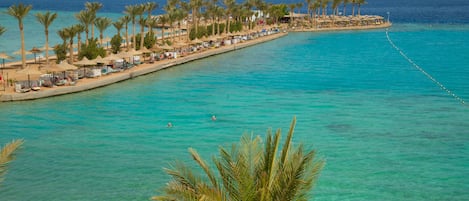 A coastal resort with a long beachfront promenade lined with palm trees and beach umbrellas.