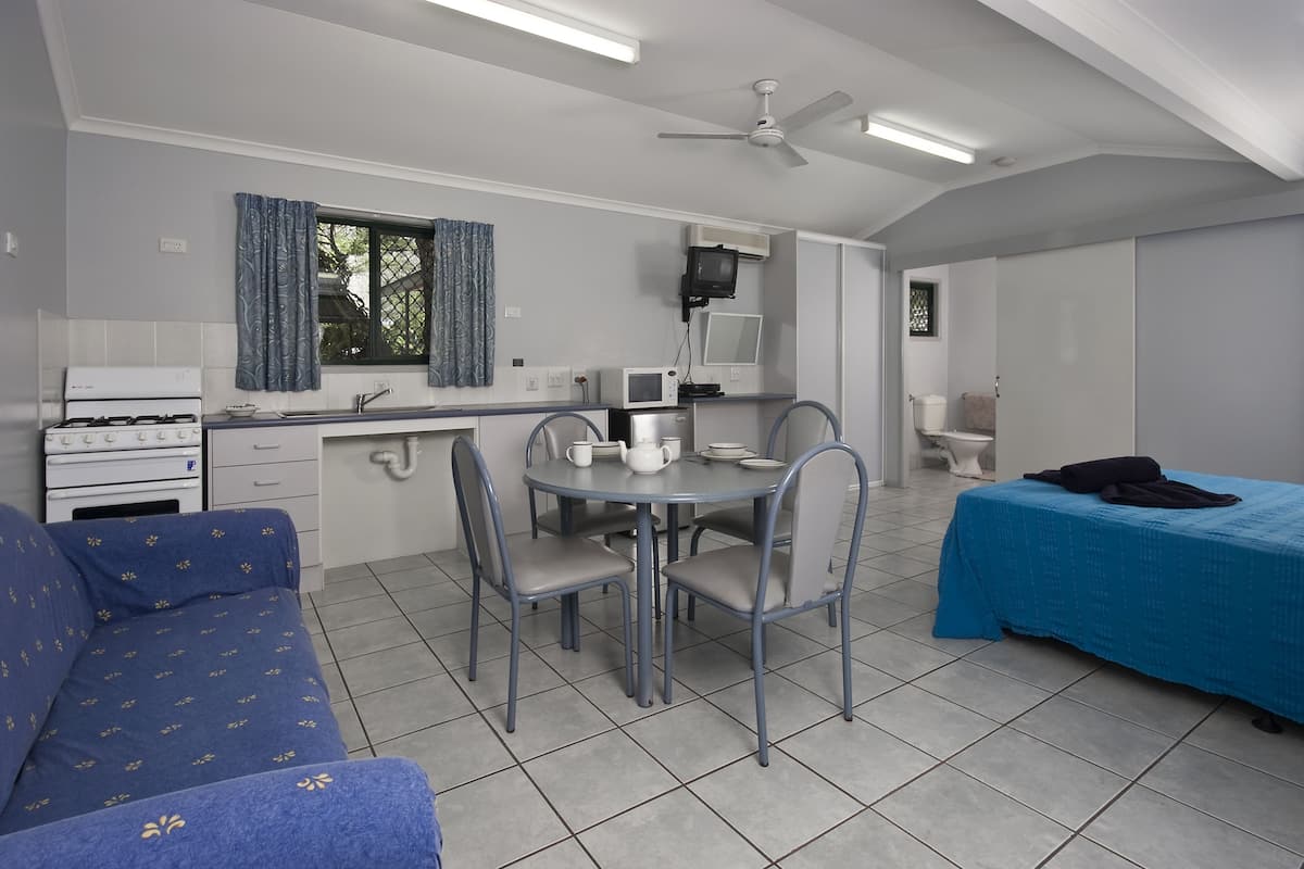 A compact room with a kitchenette, a dining table with chairs, a sofa, and a bed.