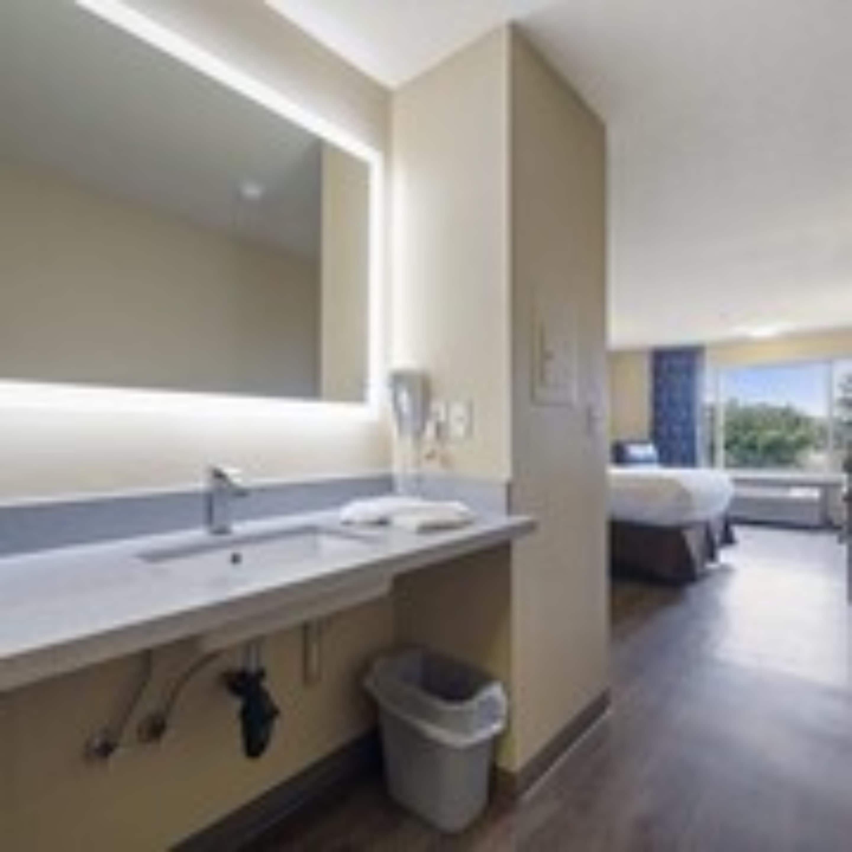 single queen non-view room accessible | bathroom | combined shower/bathtub, free toiletries, hair dryer, towels
