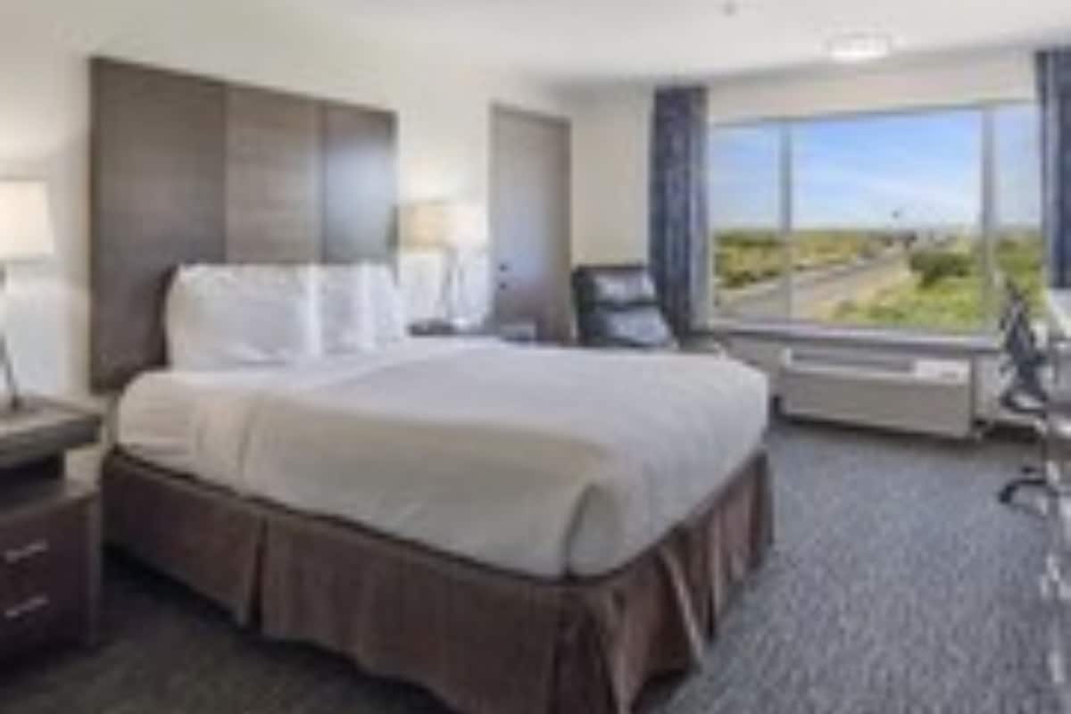 A hotel room with a large bed, a desk, a chair, and a view of the outdoors.