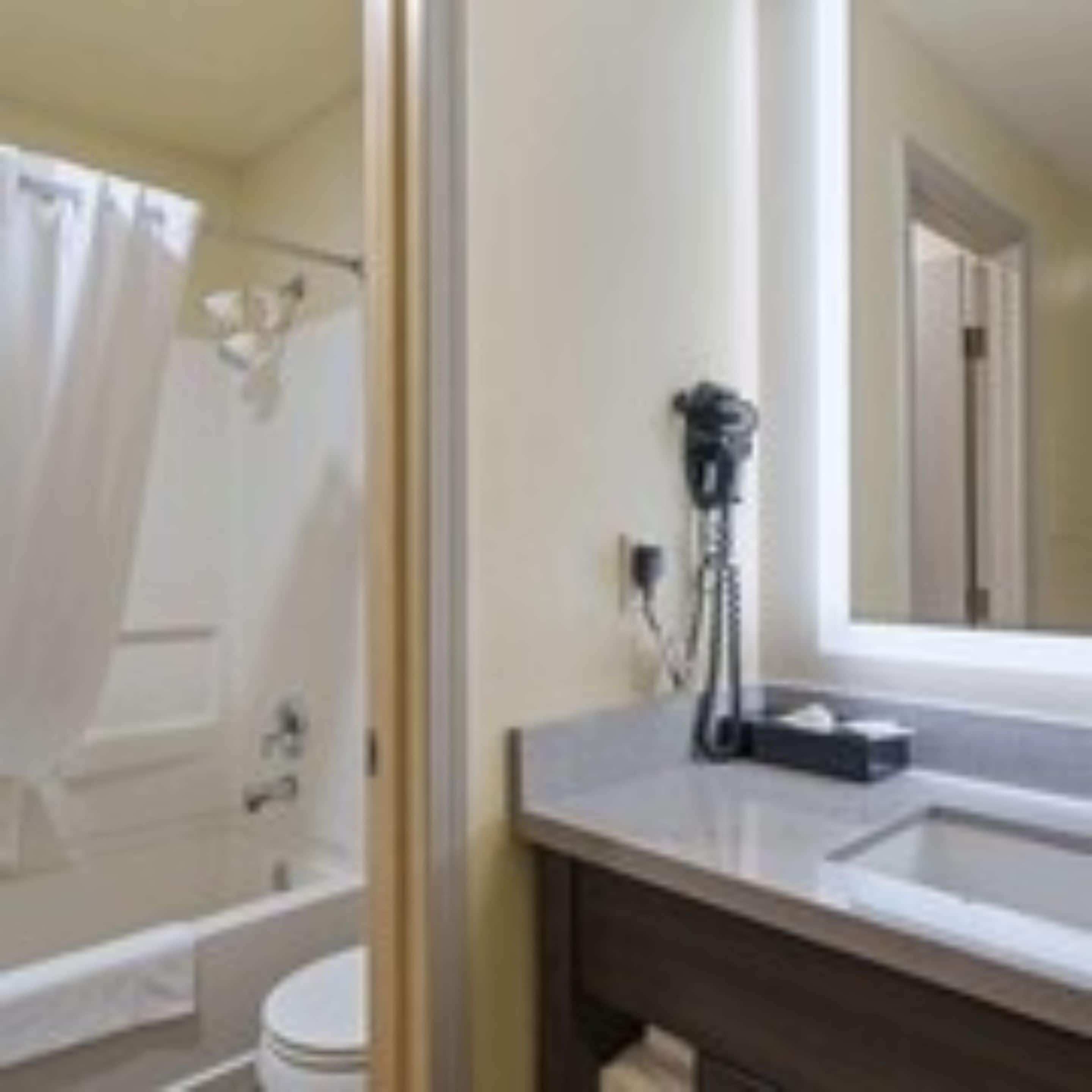 combined shower/bathtub, free toiletries, hair dryer, towels