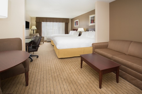 Suite, 2 Queen Beds | Desk, laptop workspace, blackout drapes, iron/ironing board