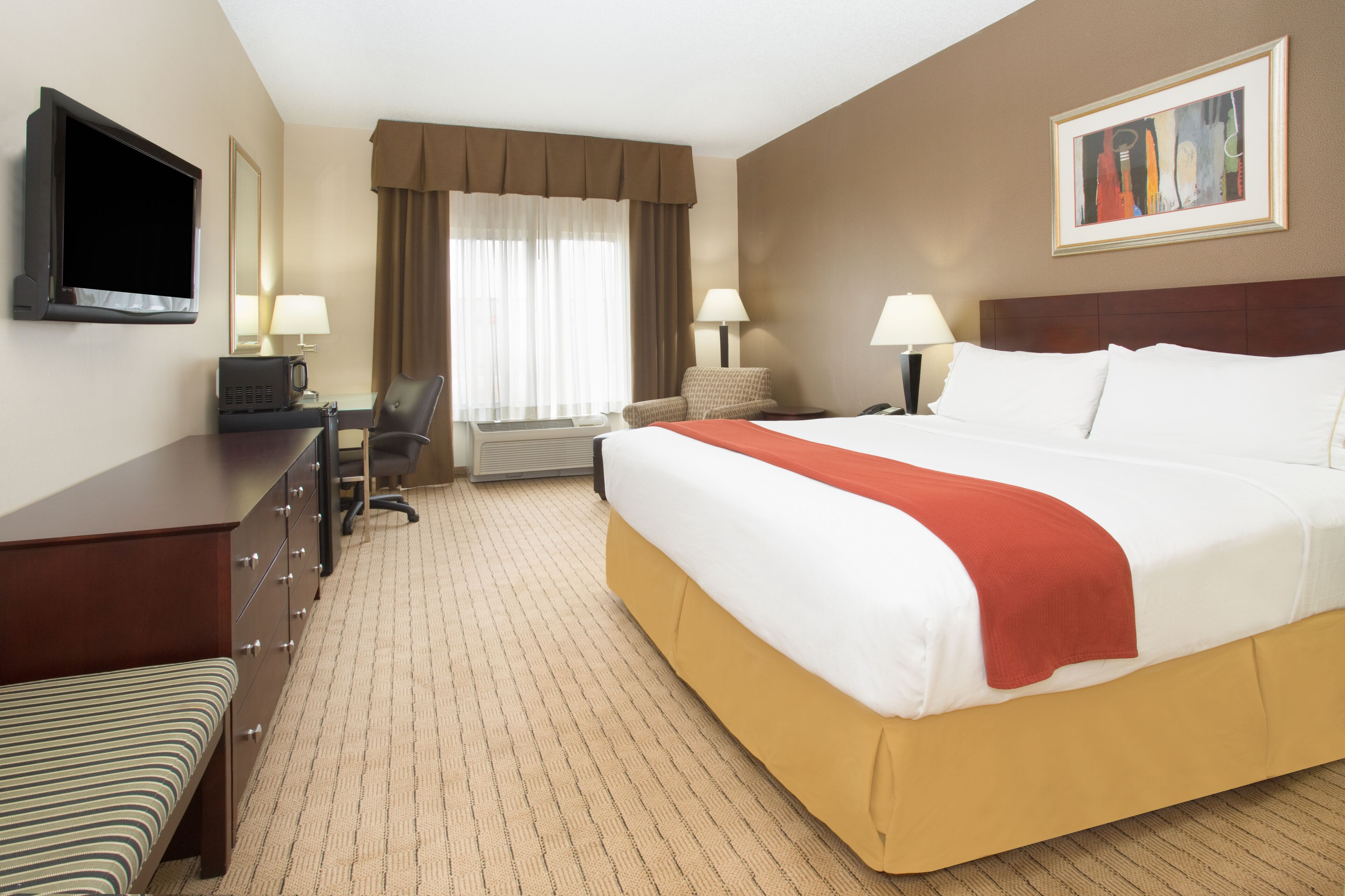 Desk, laptop workspace, blackout curtains, iron/ironing board